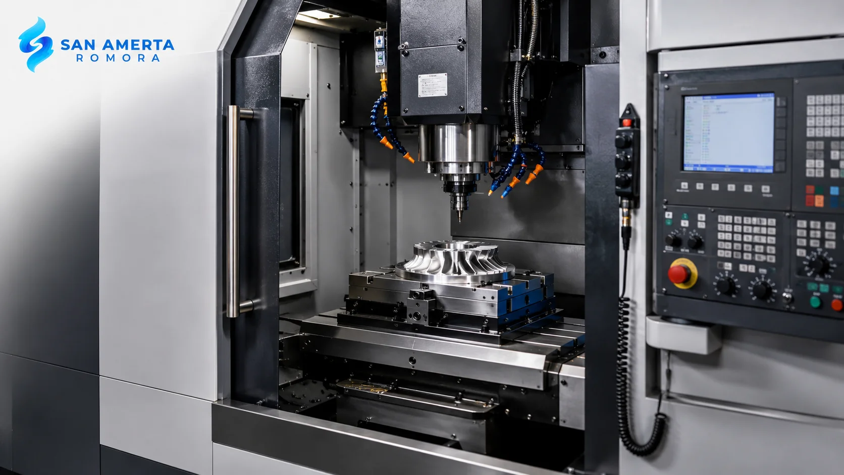 Mesin manufaktur modern berbasis CNC dengan sistem kontrol digital untuk mendukung proses produksi industri berpresisi tinggi.