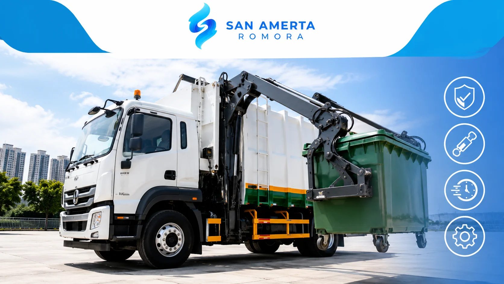 Truk Side Loader hidrolik San Amerta Romora mengangkat kontainer sampah secara aman dan stabil di area perkotaan.