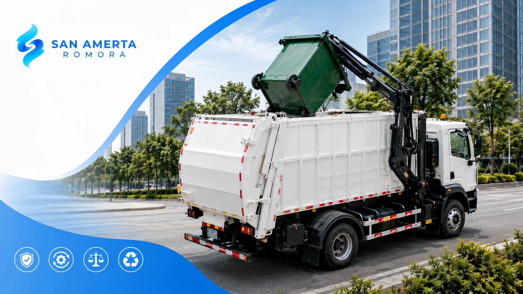 Truk side loader hidrolik San Amerta Romora mengangkut kontainer sampah secara aman dan efisien di kawasan perkotaan.