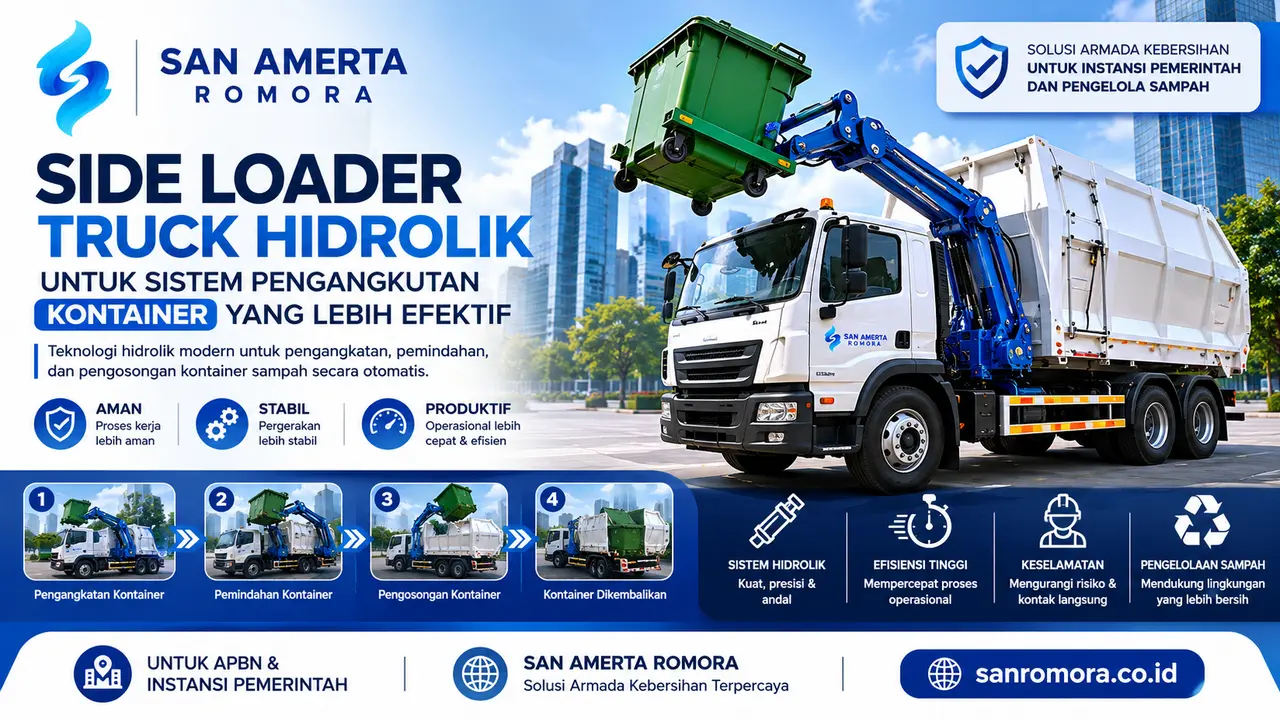 Side Loader Truck hidrolik untuk sistem pengangkutan kontainer sampah yang lebih aman, stabil, dan efisien bagi operasional kebersihan perkotaan