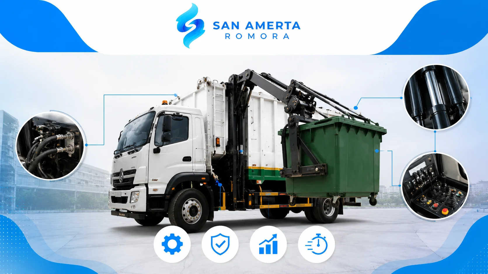 Side Loader Truck hidrolik San Amerta Romora dengan sistem hidrolik modern untuk pengangkutan kontainer sampah yang lebih aman dan efisien.