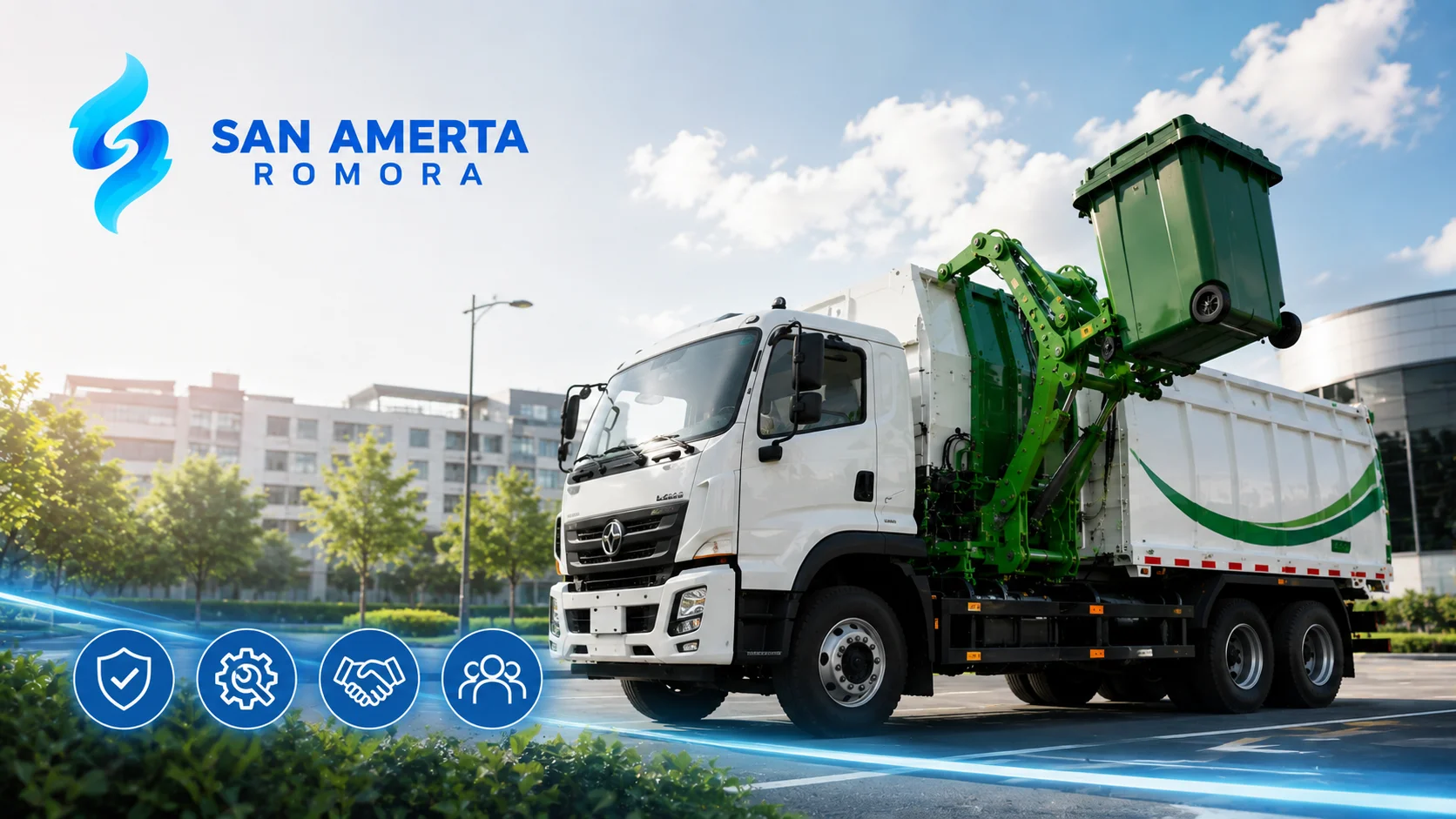 Banner Side Loader Truck untuk operasional kebersihan yang menampilkan armada pengangkut sampah modern dengan sistem hidrolik otomatis, dilengkapi logo San Amerta Romora dan latar kawasan perkotaan yang bersih serta tertata.