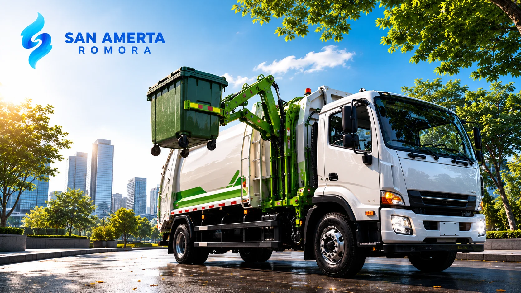 Banner Side Loader Truck berkualitas untuk operasional kebersihan yang menampilkan armada pengangkut sampah modern dengan sistem hidrolik otomatis, didukung logo San Amerta Romora dan latar area perkotaan yang bersih.