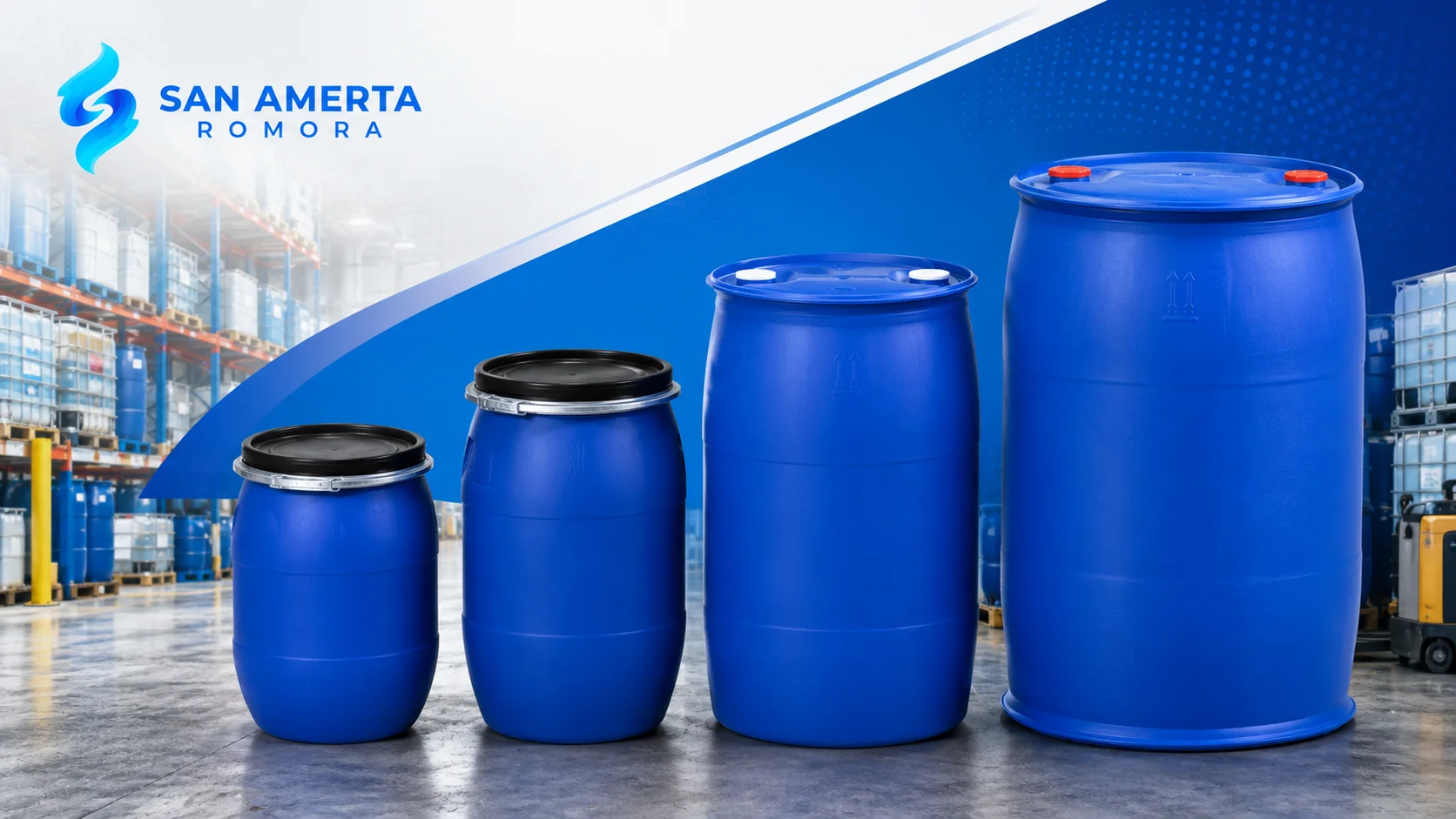 Drum plastik biru HDPE berbagai kapasitas untuk penyimpanan cairan dan kebutuhan logistik industri.