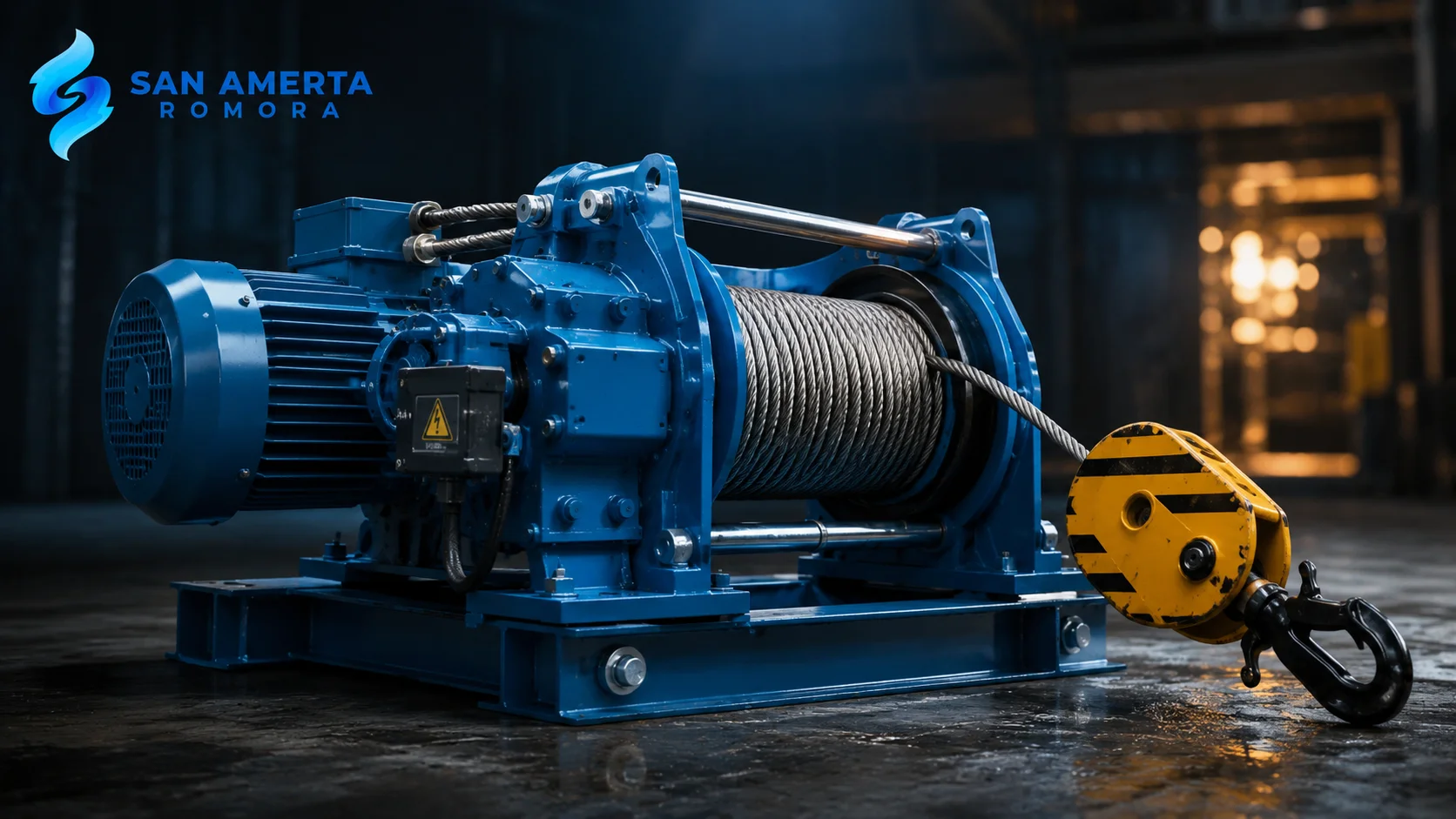 Winch Machine Elektrik industri dengan konstruksi baja dan sistem kabel berkapasitas tinggi, dirancang untuk mendukung pengangkatan material yang aman dan efisien dalam penggunaan jangka panjang.