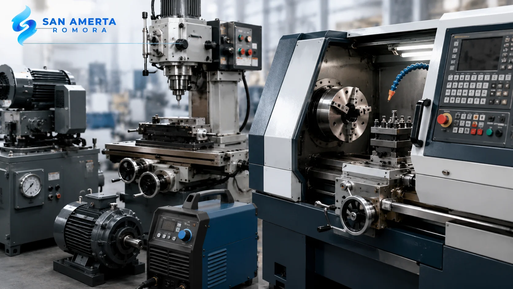 Close-up mesin manufacturing industri modern seperti CNC lathe dan mesin presisi di area produksi sebagai representasi efisiensi pengadaan mesin melalui INAPROC.