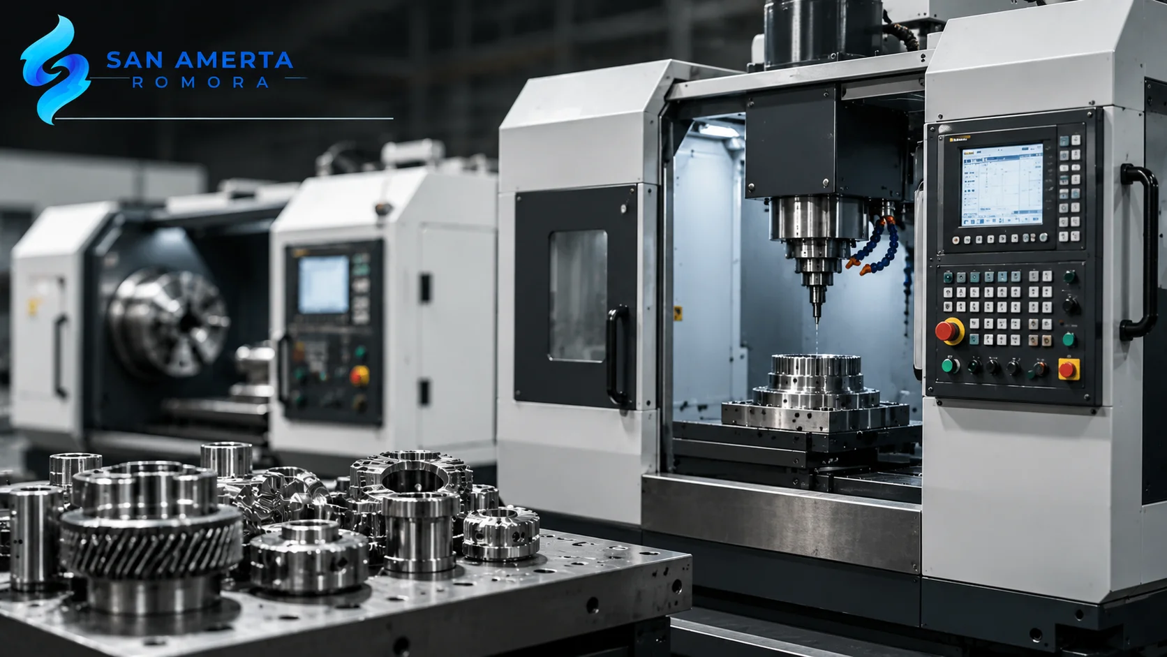 Mesin CNC manufacturing modern dengan komponen presisi di lingkungan pabrik industri sebagai ilustrasi pengadaan mesin manufacturing melalui Inaproc untuk kebutuhan instansi di Kota Bontang.