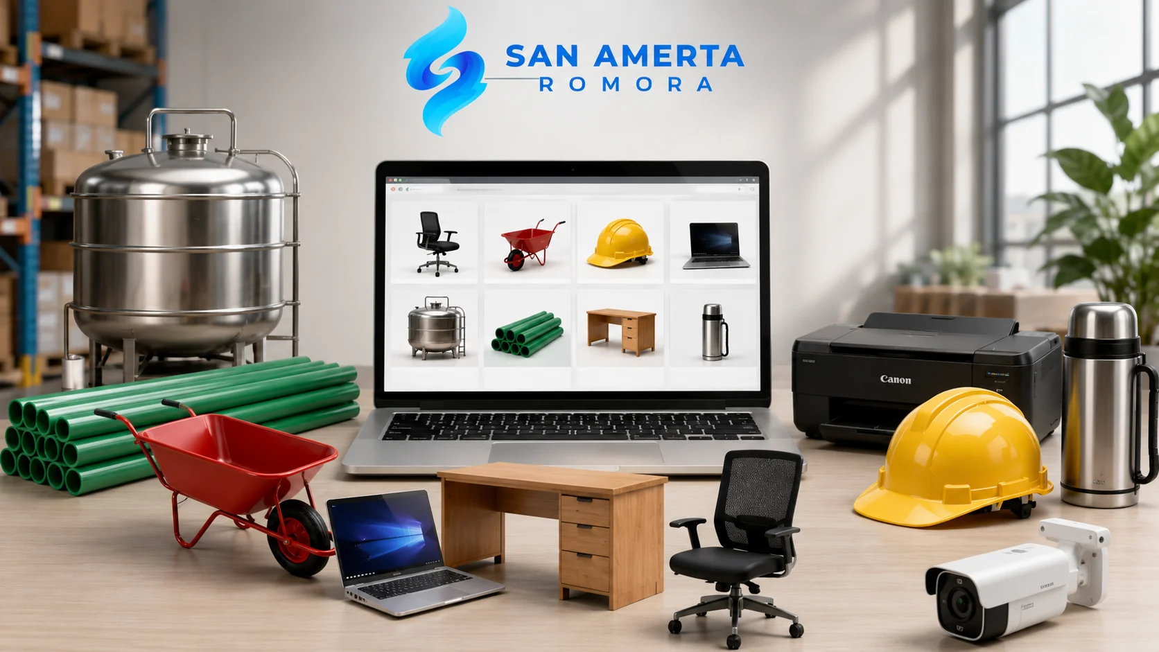 Banner menampilkan berbagai produk pengadaan pada sistem INAPROC yang tersusun di sekitar laptop sebagai representasi navigasi komoditas, dilengkapi logo San Amerta Romora dengan tampilan profesional.
