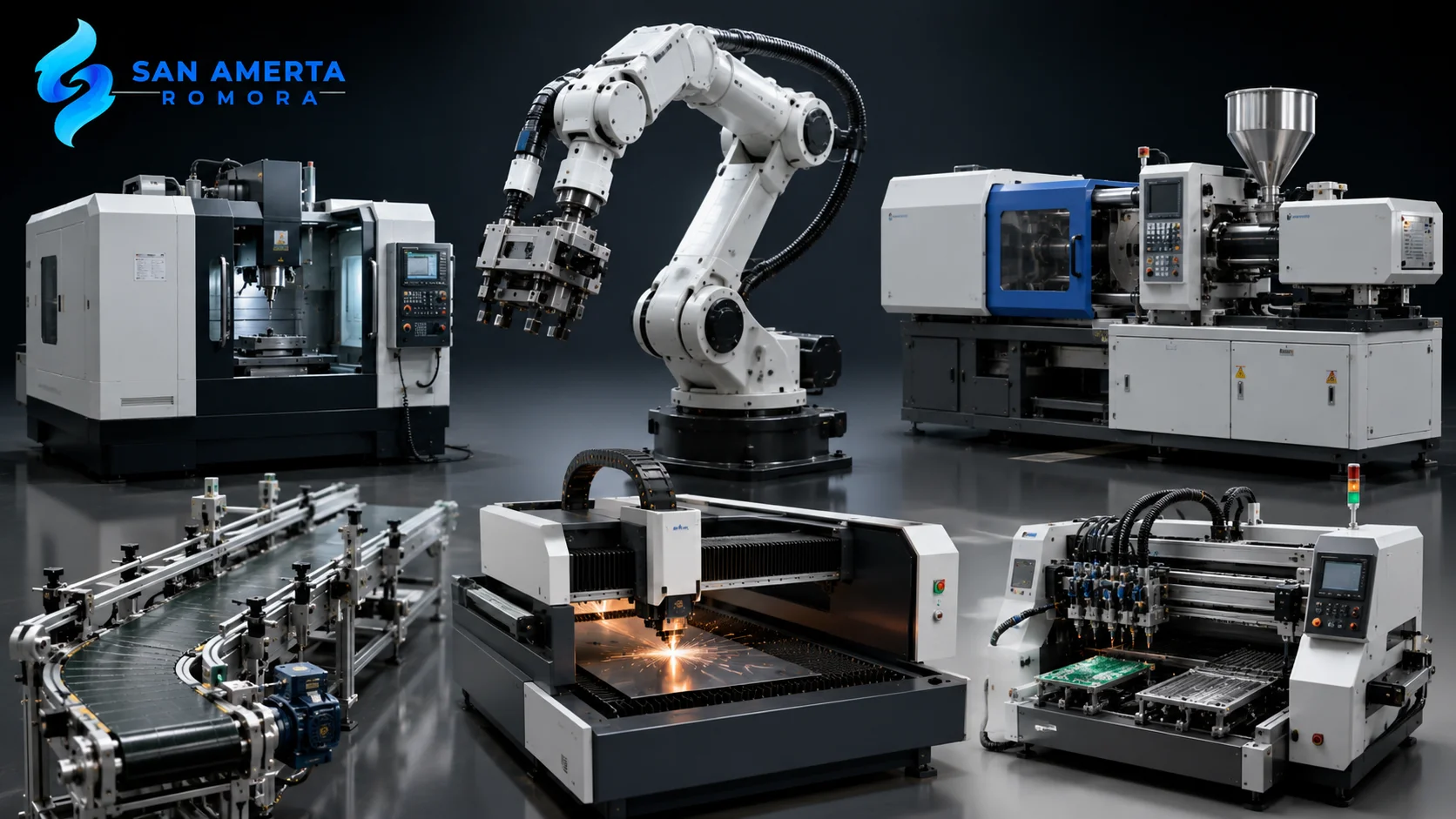 Berbagai jenis mesin manufacturing otomatis seperti CNC, robotic arm, laser cutting, injection molding, dan conveyor system untuk mendukung proses produksi industri modern.