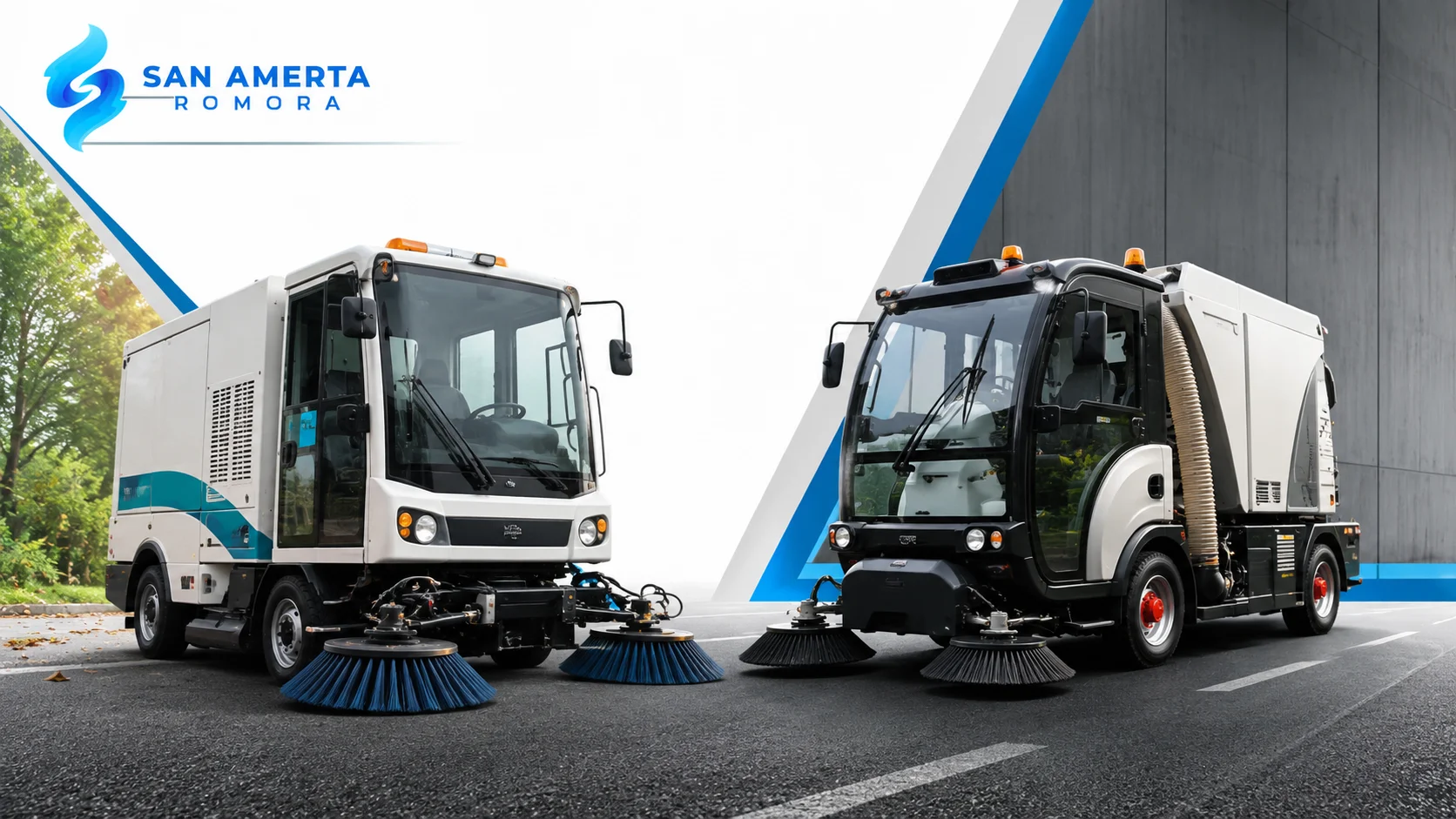 Perbandingan road sweeper dan vacuum sweeper dengan tampilan dua unit mesin pembersih jalan modern untuk memperlihatkan perbedaan fungsi dan karakteristik secara visual.