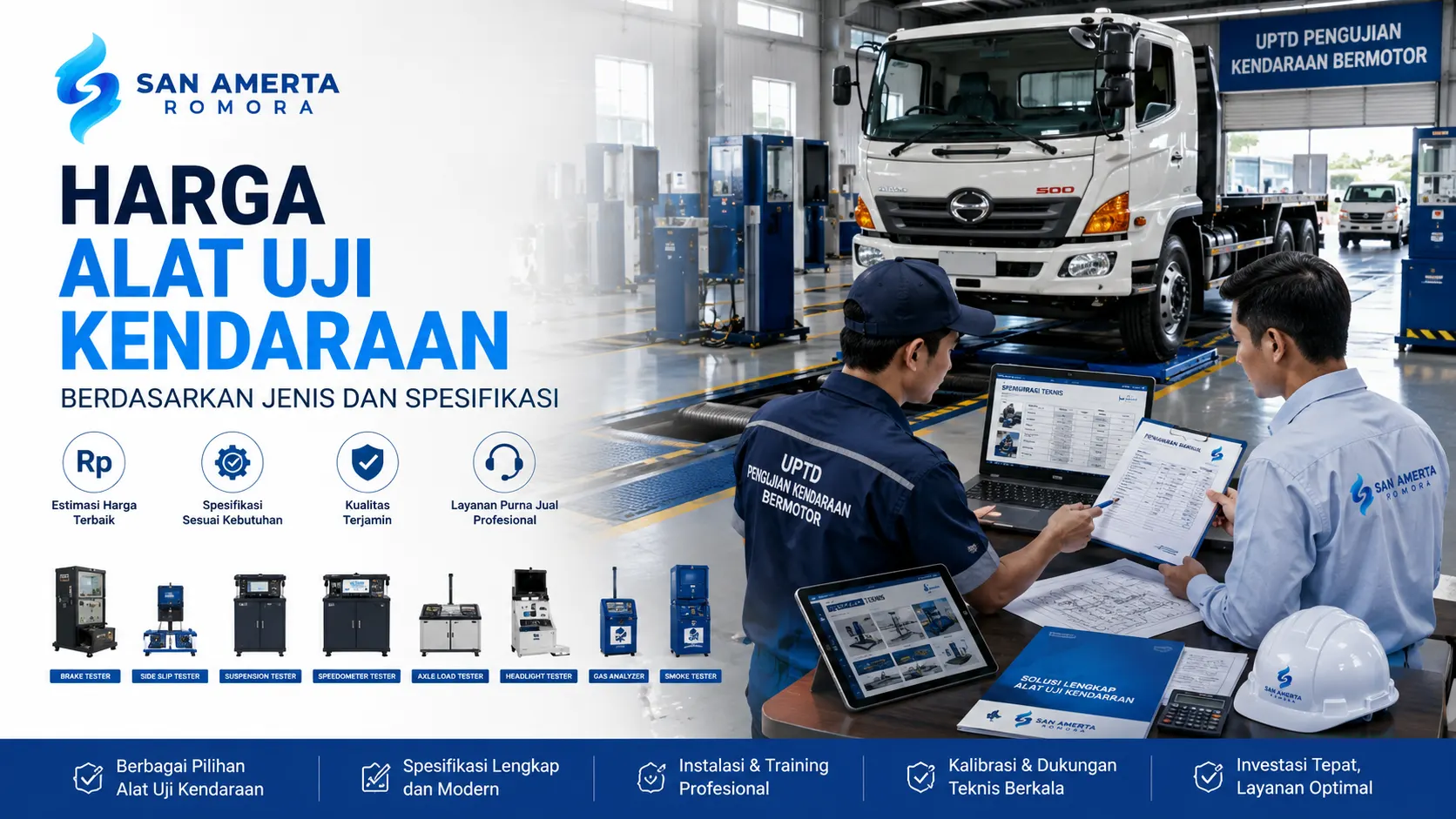 Harga Alat Uji Kendaraan berdasarkan jenis dan spesifikasi untuk mendukung layanan pengujian kendaraan yang akurat dan profesional.