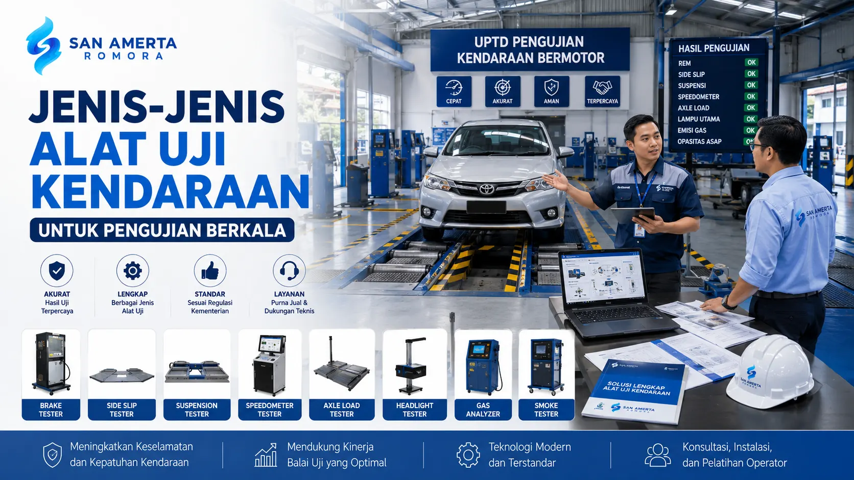 Jenis-Jenis Alat Uji Kendaraan untuk pengujian berkala meliputi brake tester, side slip tester, suspension tester, speedometer tester, axle load tester, headlight tester, gas analyzer, dan smoke tester.