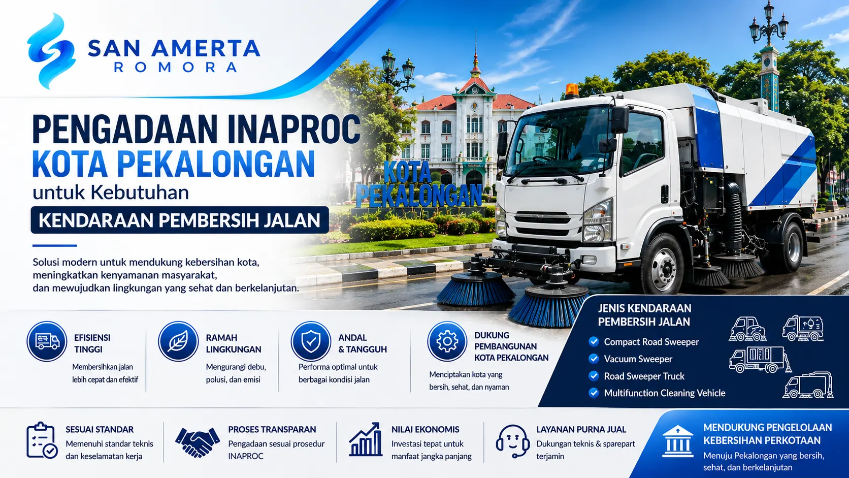 Pengadaan Inaproc Kota Pekalongan untuk Kebutuhan Kendaraan Pembersih Jalan dengan ilustrasi road sweeper dan logo San Amerta Romora