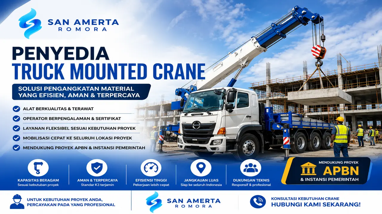 San Amerta Romora Jasa penyedia truck mounted crane dengan operator berpengalaman untuk proyek APBN dan instansi pemerintah.
