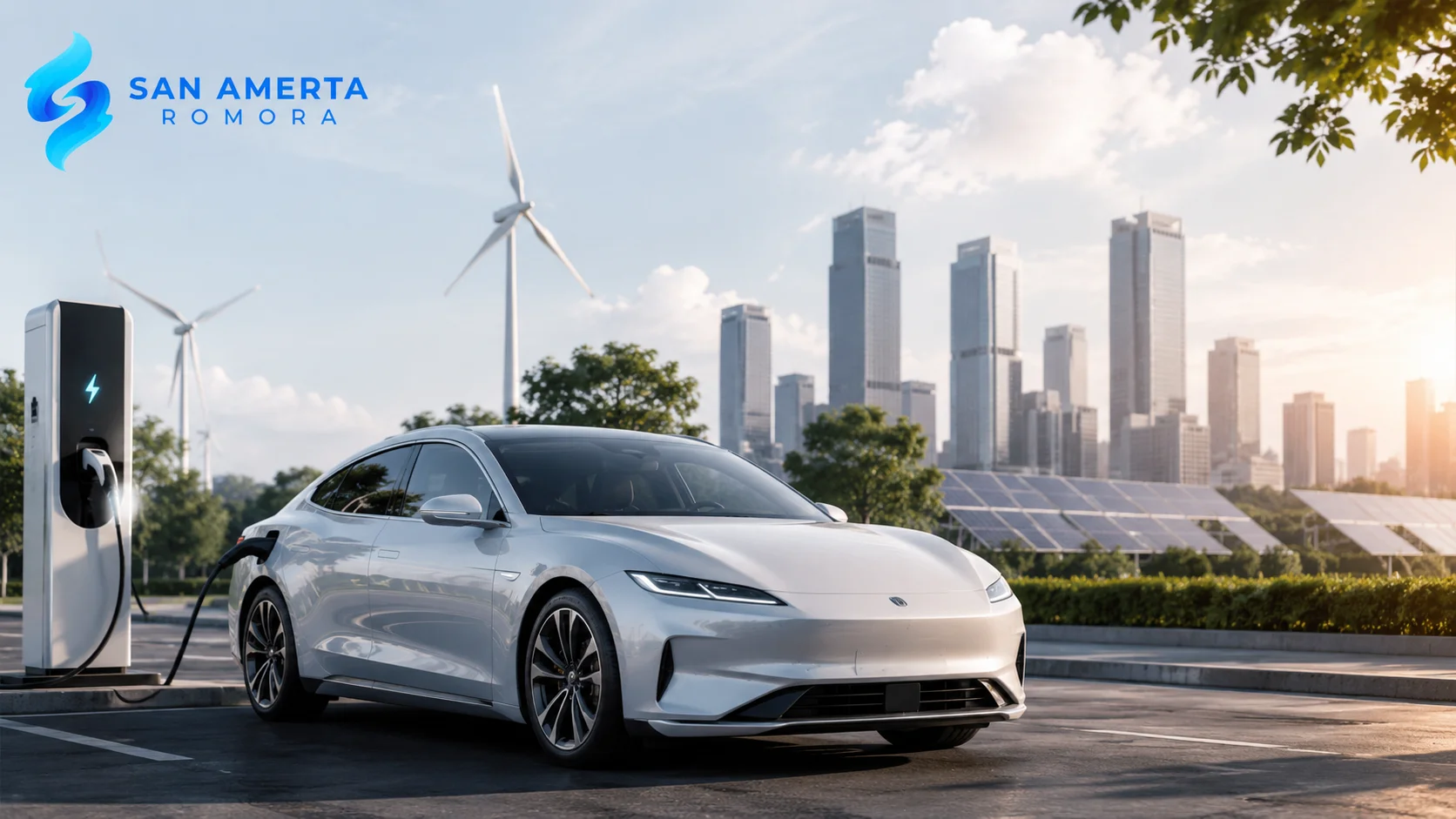 Mobil listrik sedan modern sebagai gambaran arah pengembangan pasar mobil listrik sedan di Indonesia menuju mobilitas berkelanjutan.