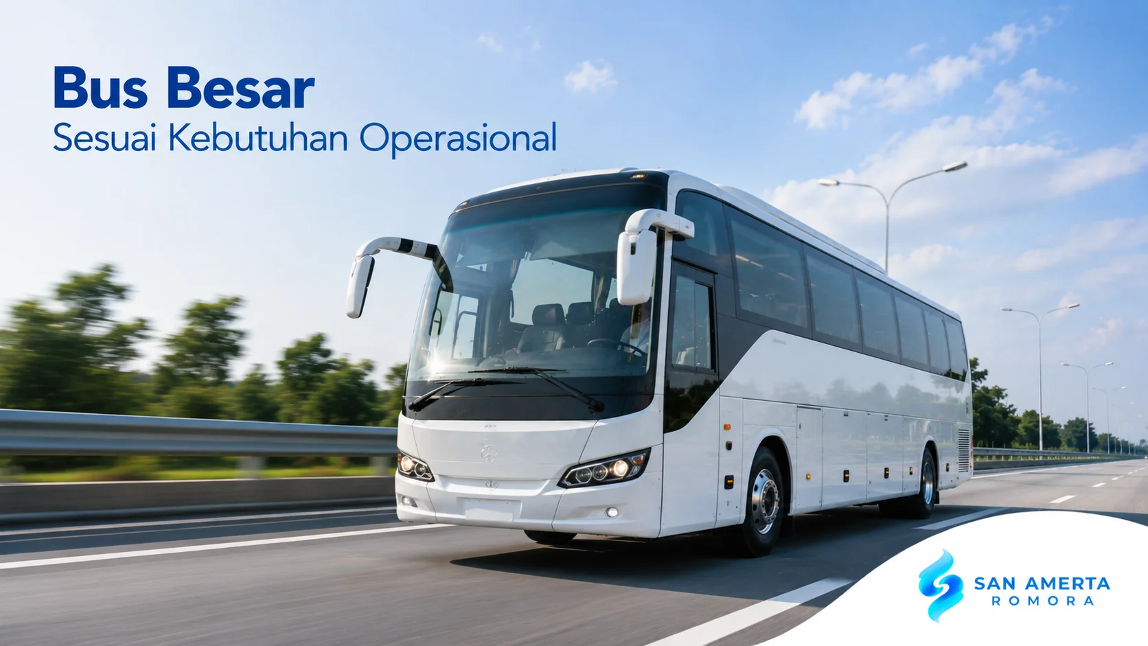 Bus besar modern melaju di jalan tol sebagai ilustrasi bus besar untuk kebutuhan operasional berbagai instansi dan perusahaan.