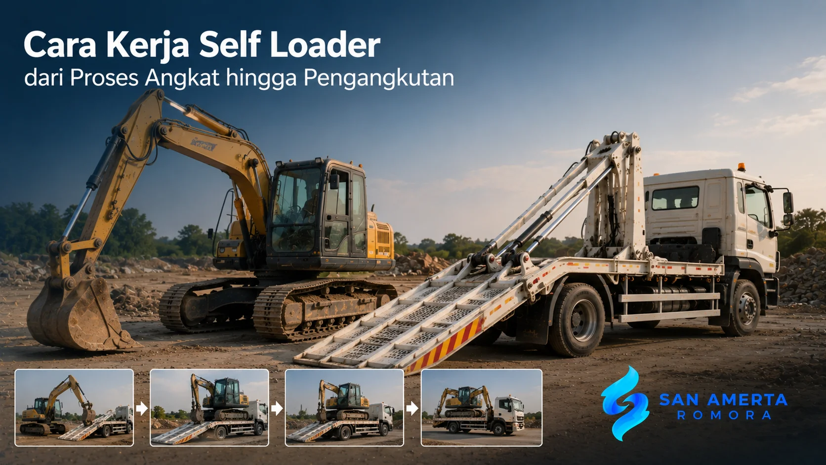 Self loader digunakan untuk mengangkat, memuat, dan mengangkut alat berat secara aman menuju lokasi proyek.
