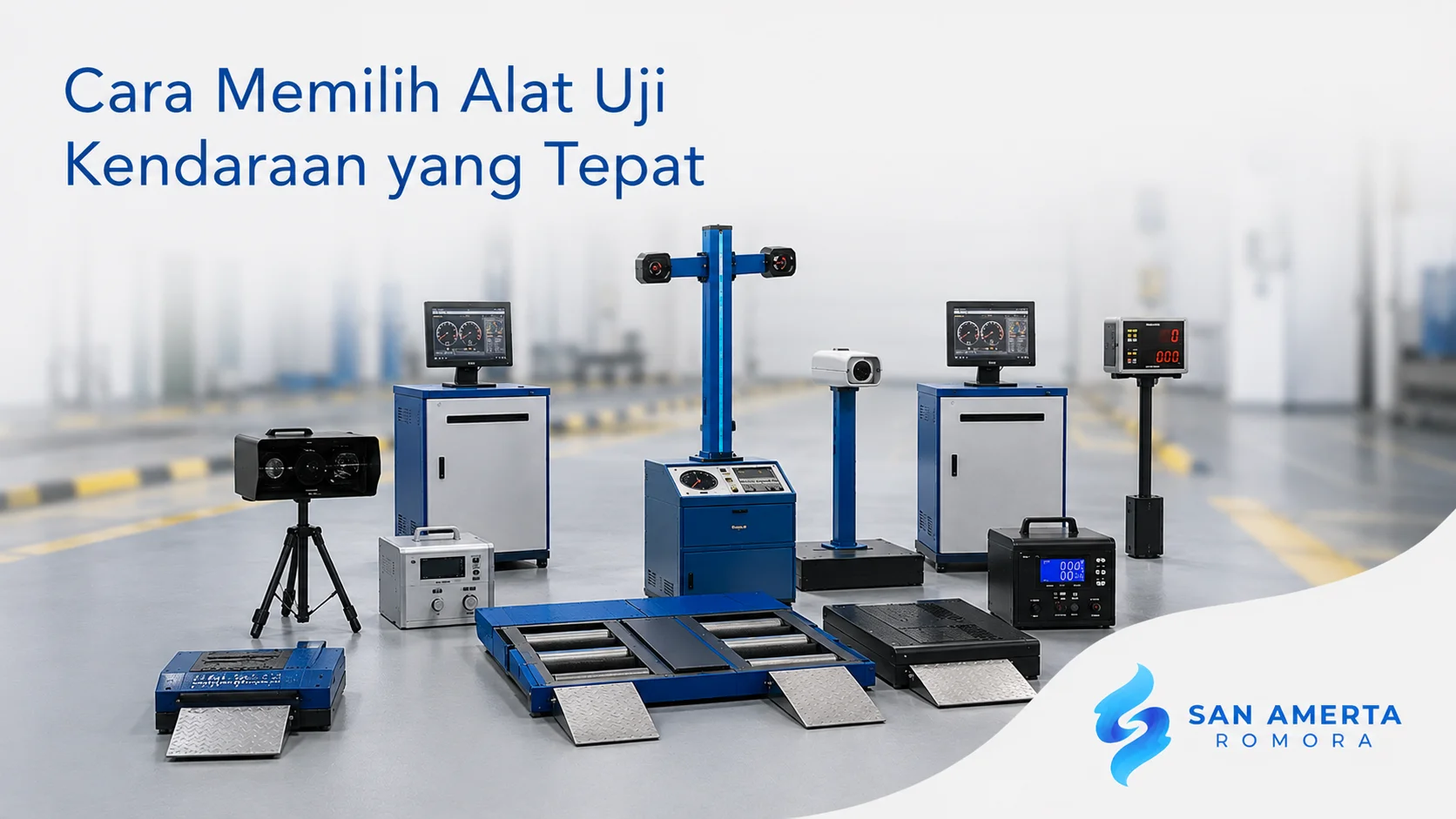 Berbagai alat uji kendaraan seperti brake tester, headlight tester, speedometer tester, dan alat uji emisi ditampilkan dalam fasilitas modern untuk menggambarkan proses pemilihan peralatan pengujian kendaraan yang tepat.