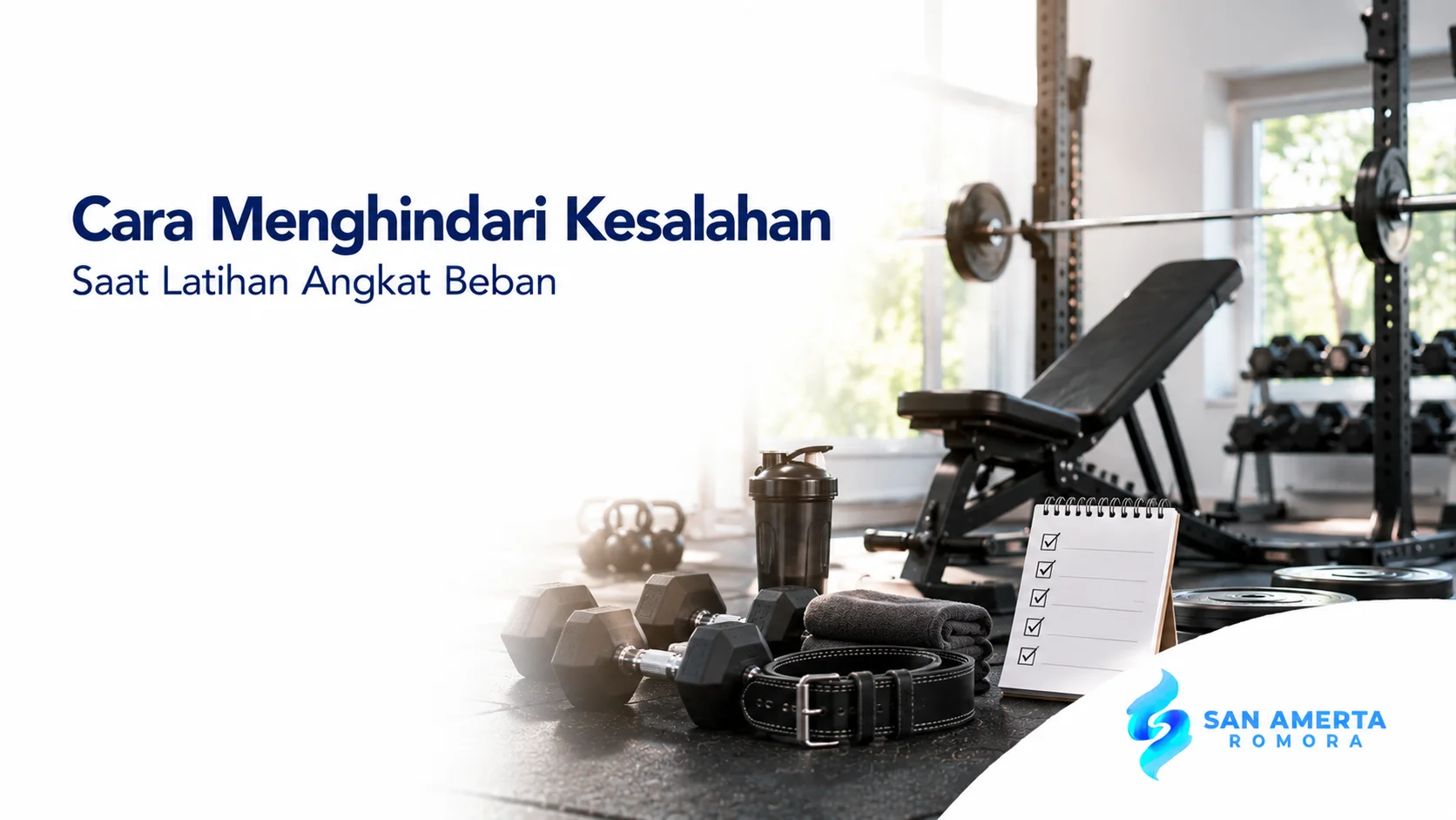 Peralatan angkat beban seperti barbell, dumbbell, weight plate, bench, dan perlengkapan gym yang mendukung latihan beban secara aman dan terstruktur.