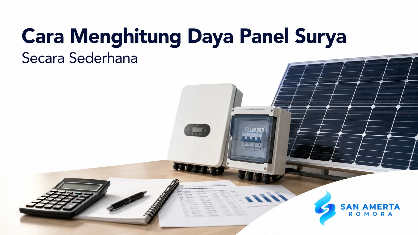 Perhitungan kebutuhan daya panel surya menggunakan data konsumsi listrik dan komponen sistem PLTS.