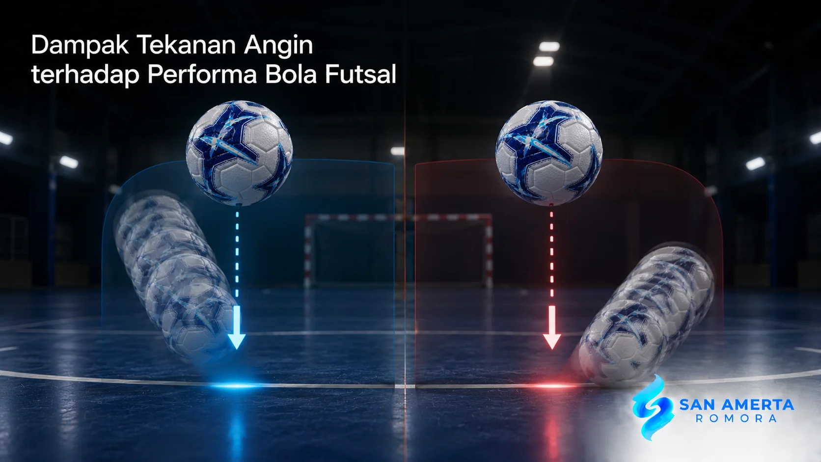 Bola futsal yang memperlihatkan perbedaan performa akibat tekanan angin, dilengkapi logo San Amerta Romora dan judul "Dampak Tekanan Angin terhadap Performa Bola Futsal".