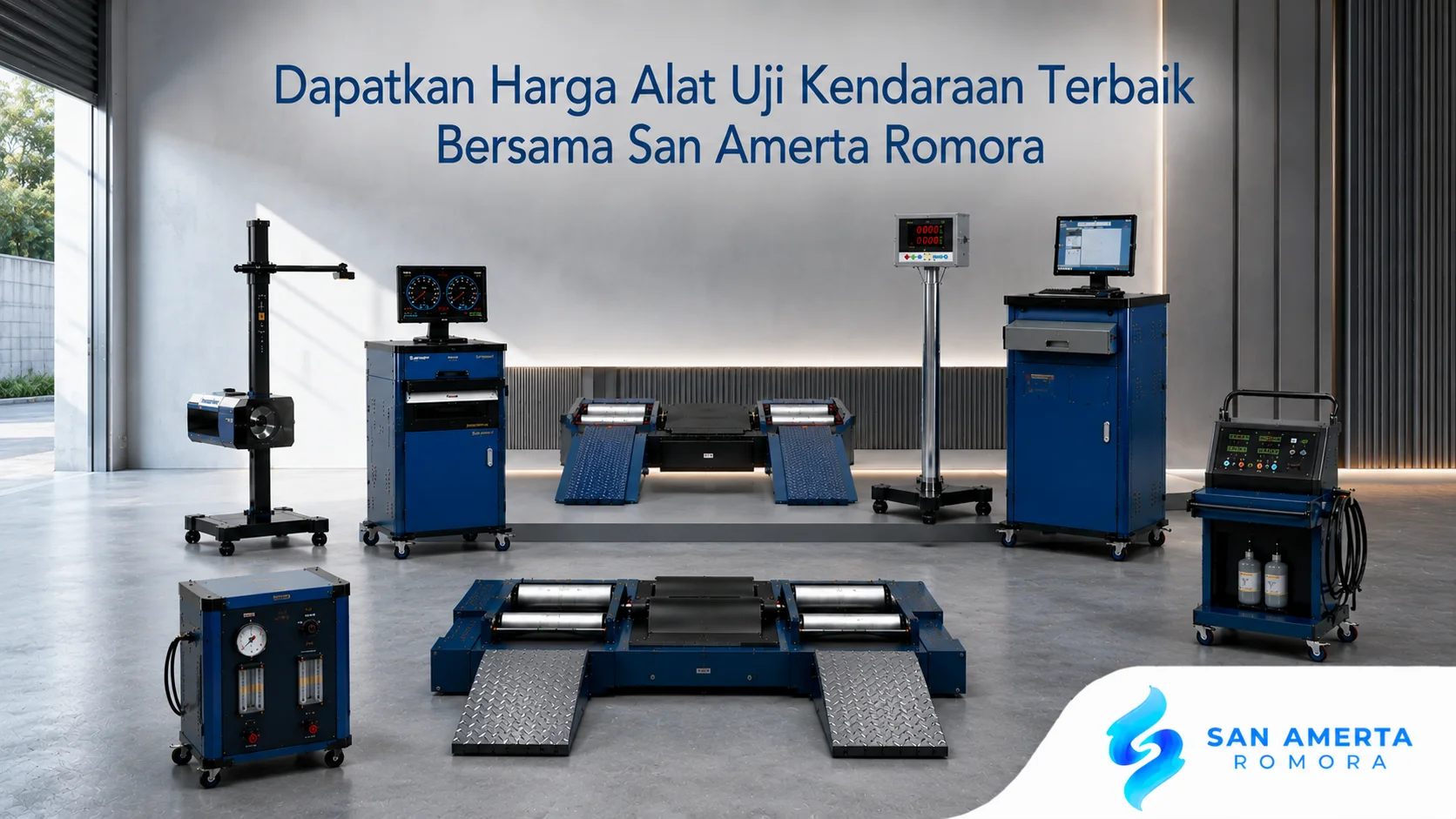 Rangkaian alat uji kendaraan bermotor profesional berwarna biru yang ditata di dalam ruangan modern, terdiri dari roller brake tester, mesin uji suspensi, perangkat pengukur emisi, dan panel kontrol digital dengan beberapa monitor, serta logo “San Amerta Romora” di sudut kanan bawah.