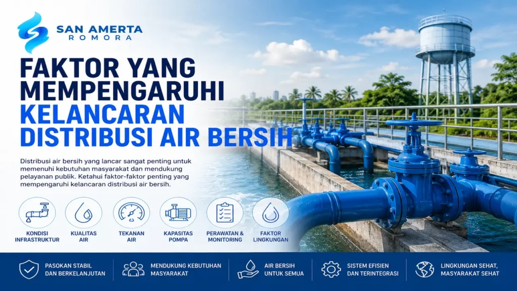 Distribusi air bersih melalui jaringan perpipaan dan reservoir untuk menjaga pasokan air berkualitas ke masyarakat dan instansi.