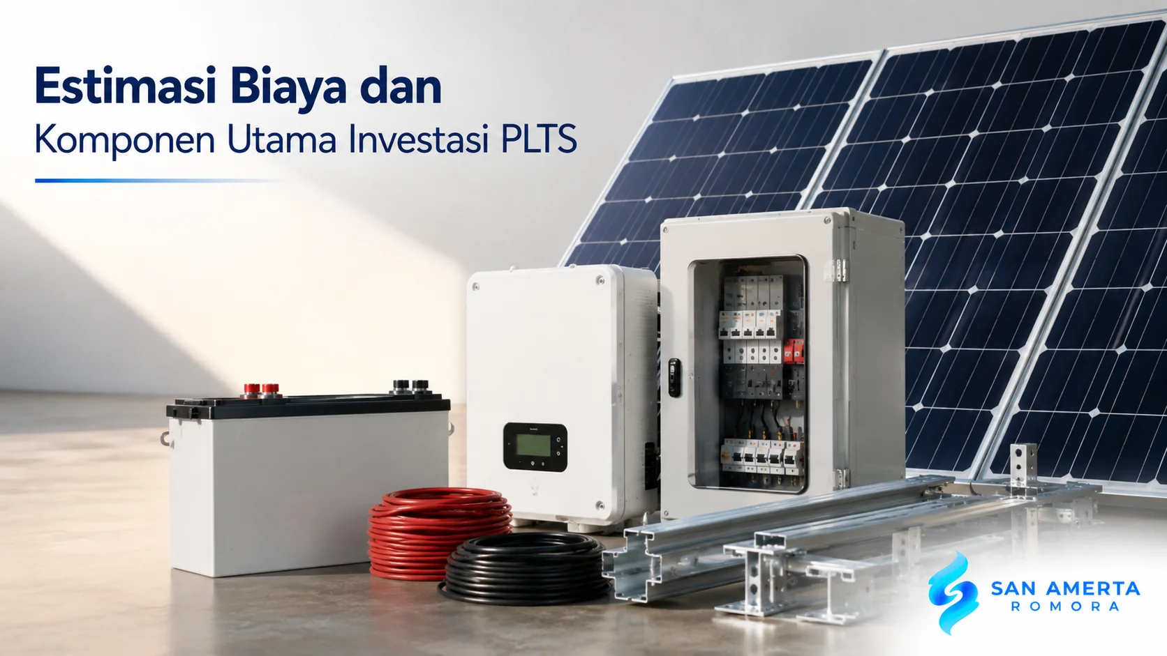 Komponen utama sistem PLTS meliputi panel surya, inverter, baterai, dan panel kontrol sebagai ilustrasi investasi PLTS.