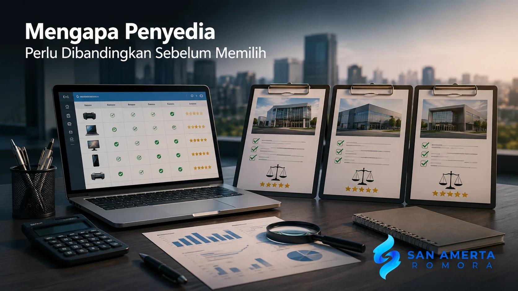Perbandingan penyedia pengadaan dengan evaluasi dokumen dan analisis untuk membantu memilih mitra yang tepat.