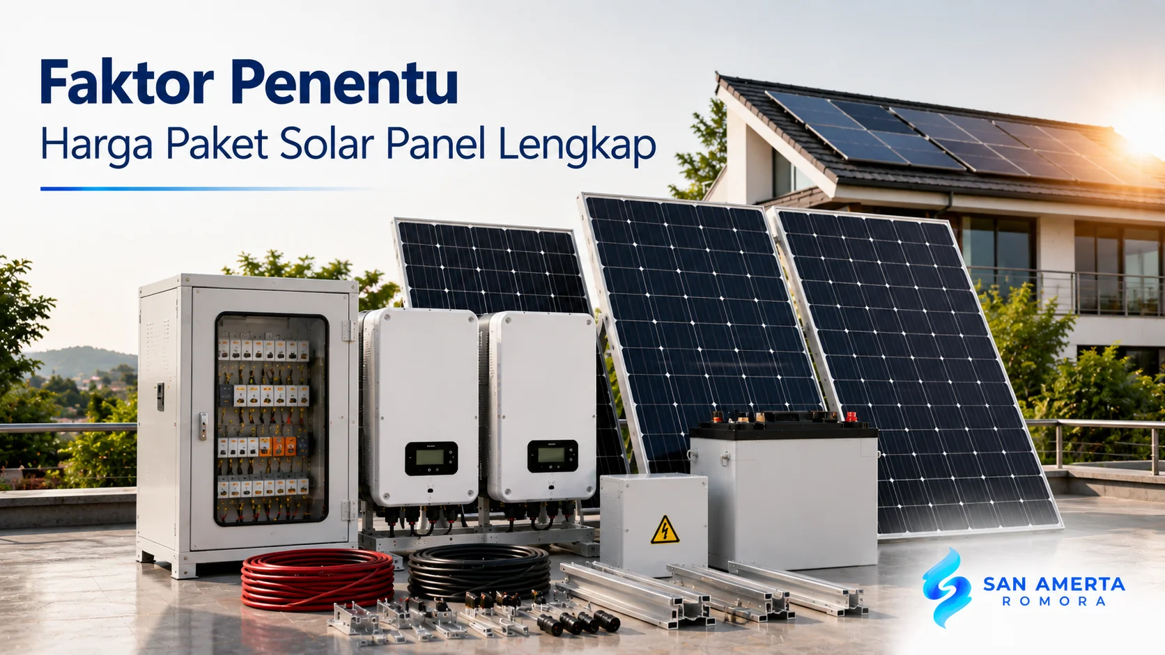 Paket solar panel lengkap dengan panel surya, inverter, baterai, dan panel kontrol sebagai ilustrasi faktor penentu harga sistem PLTS.