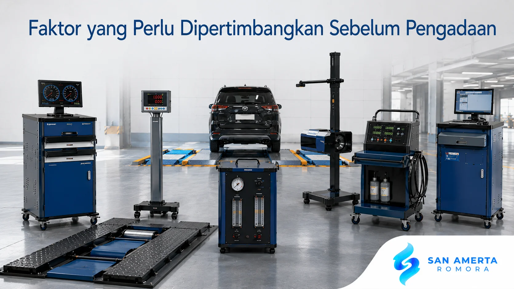 Fasilitas pengujian kendaraan modern menampilkan berbagai alat uji kendaraan dengan sebuah kendaraan di area pengujian, disertai judul "Faktor yang Perlu Dipertimbangkan Sebelum Pengadaan" dan logo San Amerta Romora di pojok kanan bawah.