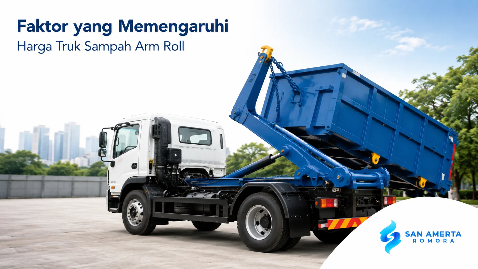Truk sampah arm roll modern dengan sistem pengangkut kontainer untuk mendukung operasional pengelolaan sampah yang efisien.