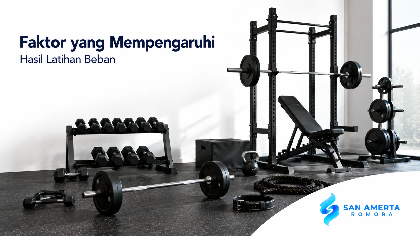 Peralatan latihan beban seperti squat rack, barbell, dumbbell, dan bench press di gym modern untuk mendukung latihan kekuatan.