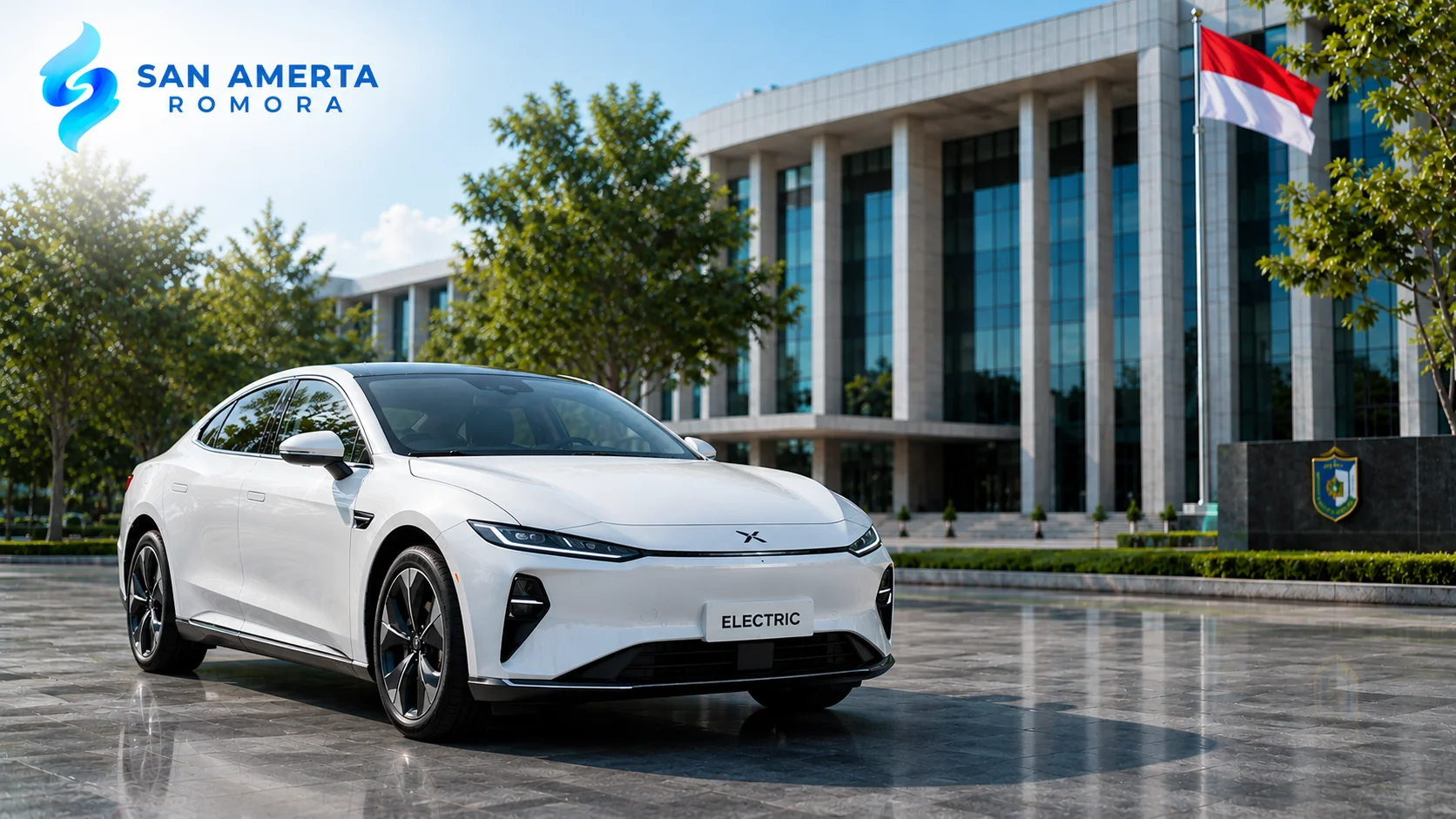 Mobil listrik sedan putih sebagai kendaraan dinas pemerintah dengan logo San Amerta Romora di depan gedung pemerintahan modern untuk mendukung pengadaan kendaraan listrik melalui INAPROC.