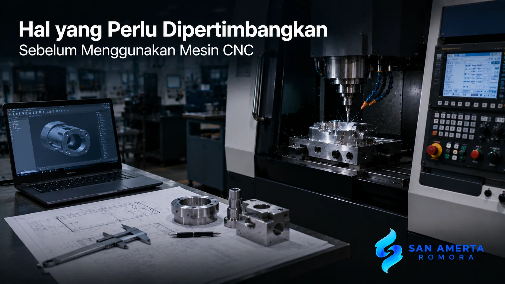 Mesin CNC modern dengan gambar teknik dan komponen logam di area manufaktur sebagai ilustrasi persiapan sebelum proses pemesinan.