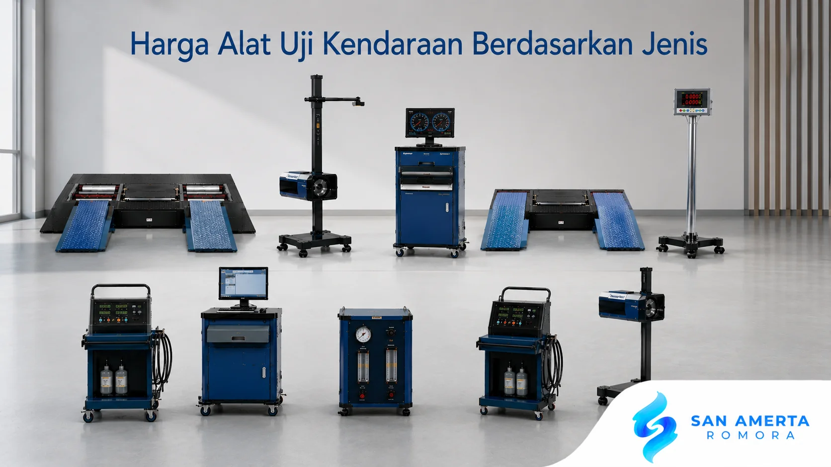 Berbagai jenis alat uji kendaraan modern ditampilkan dalam satu fasilitas pengujian profesional dengan judul "Harga Alat Uji Kendaraan Berdasarkan Jenis" serta logo San Amerta Romora di pojok kanan bawah.