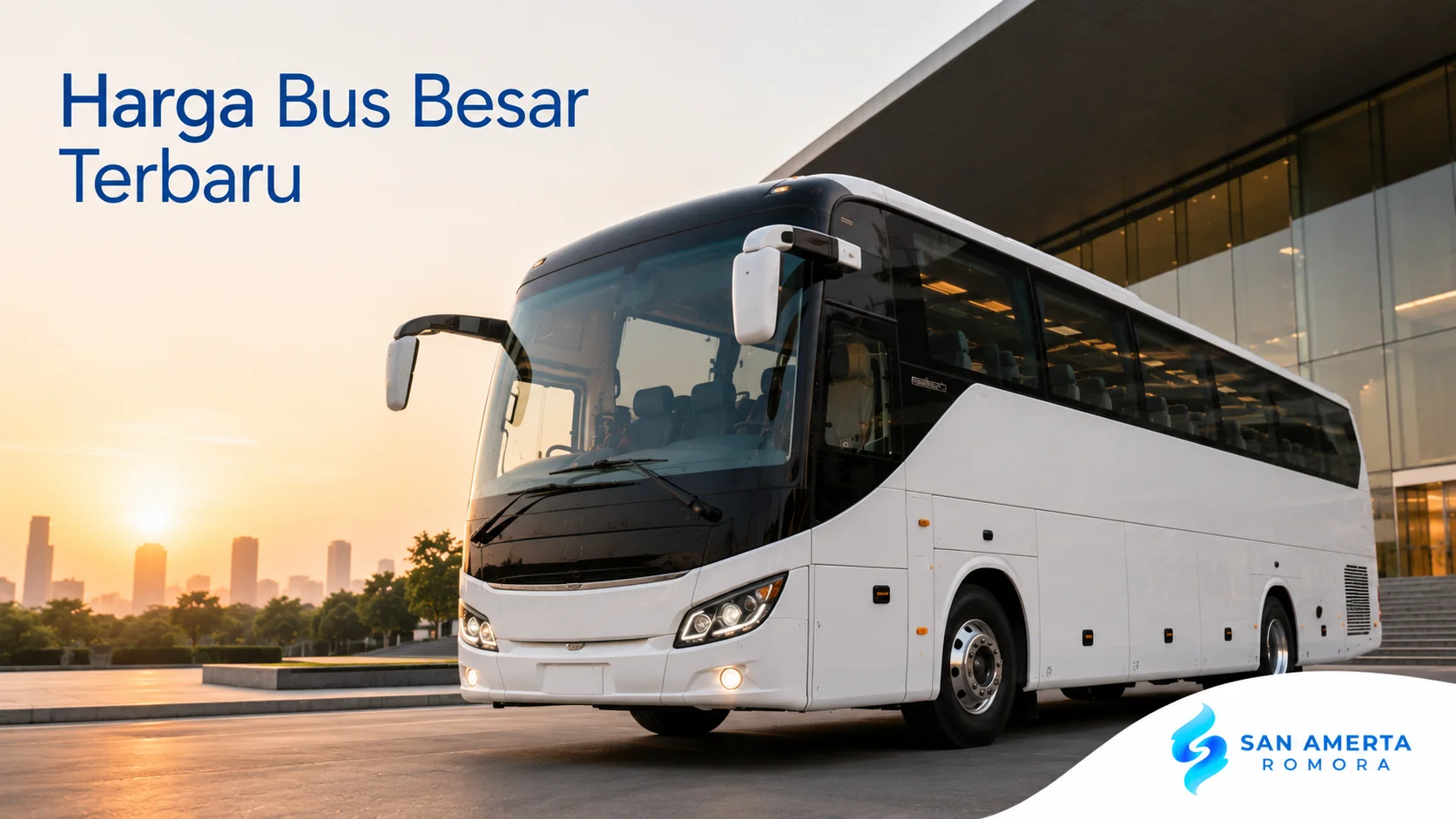 Bus besar modern berwarna putih di depan gedung modern sebagai ilustrasi harga bus besar terbaru.