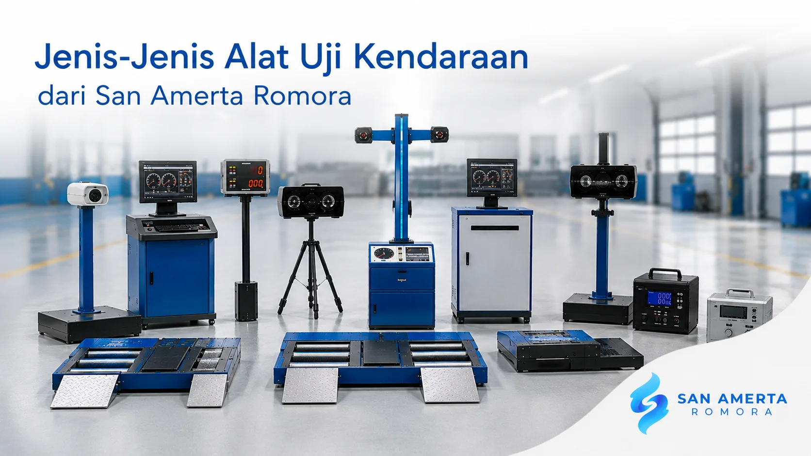 Berbagai alat uji kendaraan dari San Amerta Romora ditampilkan dalam satu area fasilitas modern, mencakup peralatan untuk pengujian rem, pencahayaan, kecepatan, beban sumbu, dan emisi kendaraan.