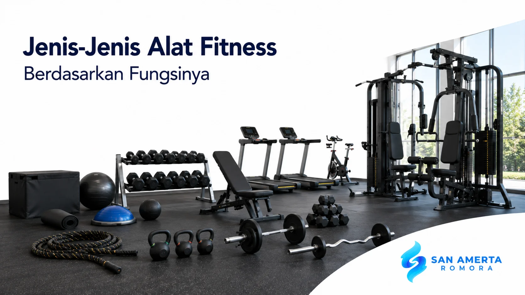 Beragam alat fitness seperti treadmill, dumbbell, barbell, dan mesin latihan yang dikelompokkan berdasarkan fungsinya di pusat kebugaran modern.