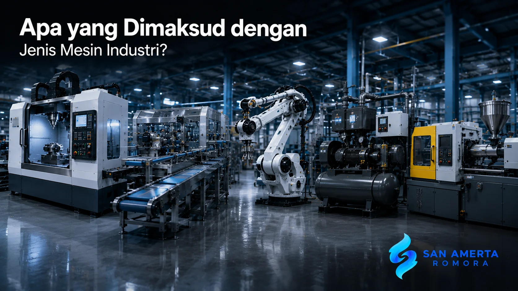 Berbagai jenis mesin industri modern berada dalam satu area pabrik sebagai ilustrasi beragam peralatan yang digunakan dalam proses manufaktur.