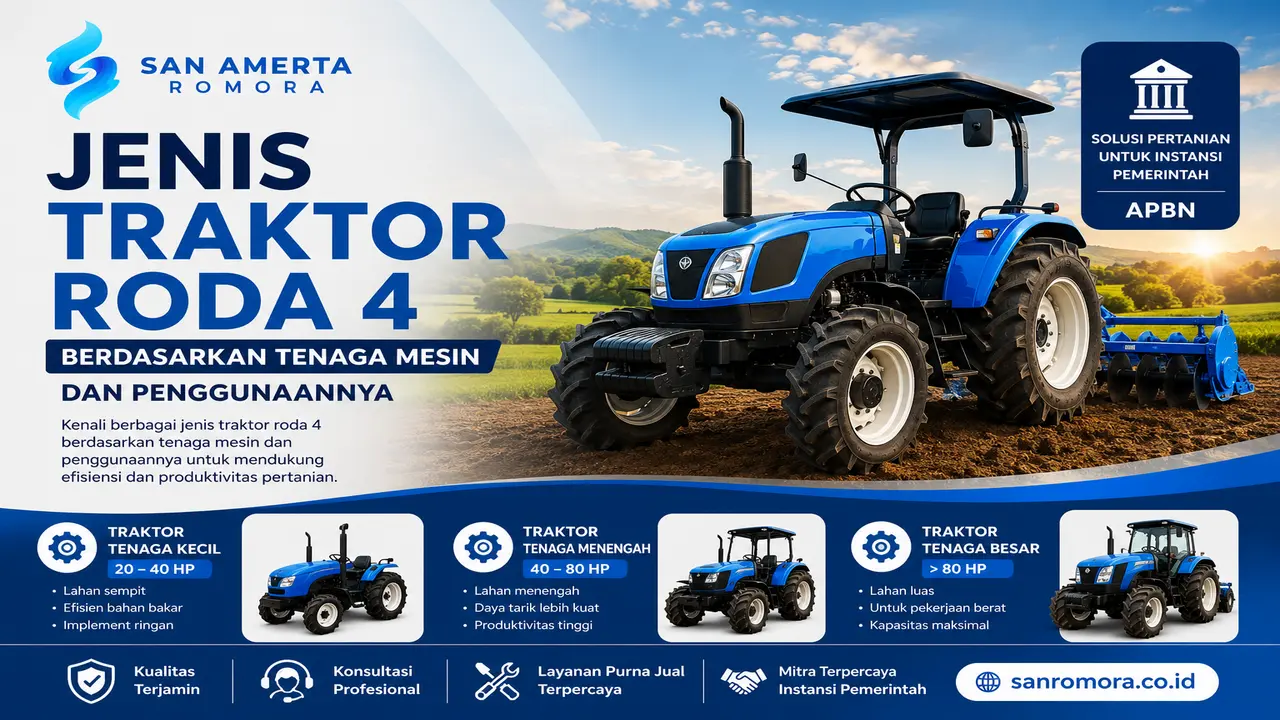 Jenis traktor roda 4 berdasarkan tenaga mesin dan penggunaannya untuk mendukung mekanisasi pertanian bersama San Amerta Romora
