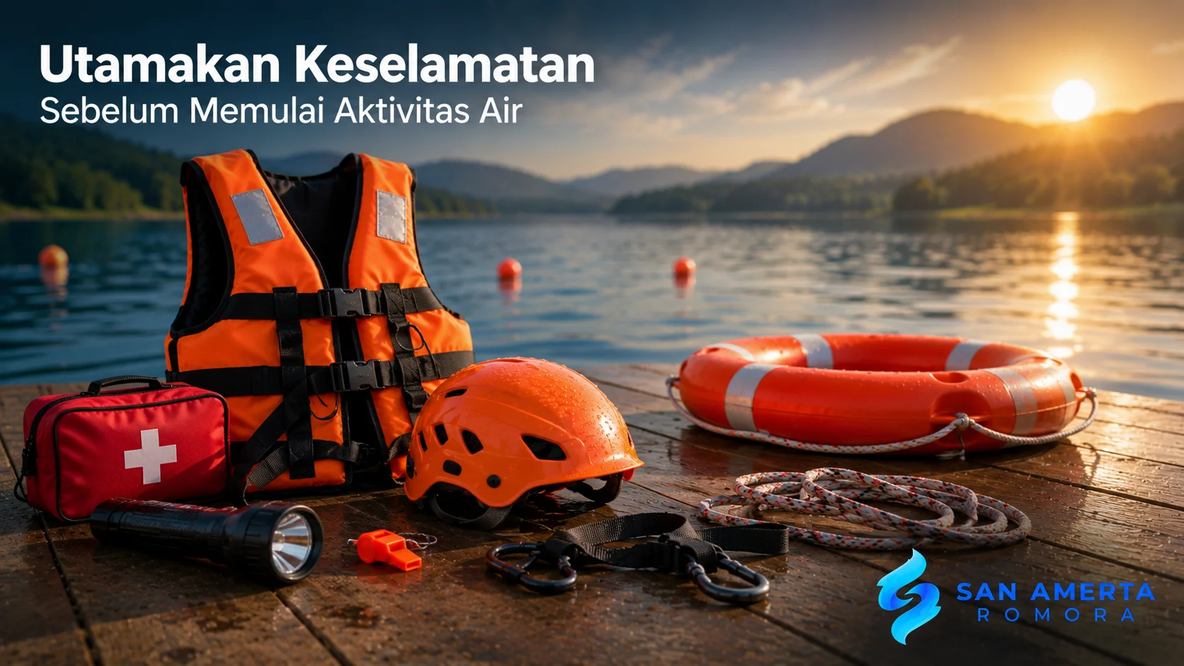 Perlengkapan keselamatan aktivitas air seperti pelampung, helm, kotak P3K, tali, dan senter di tepi danau.