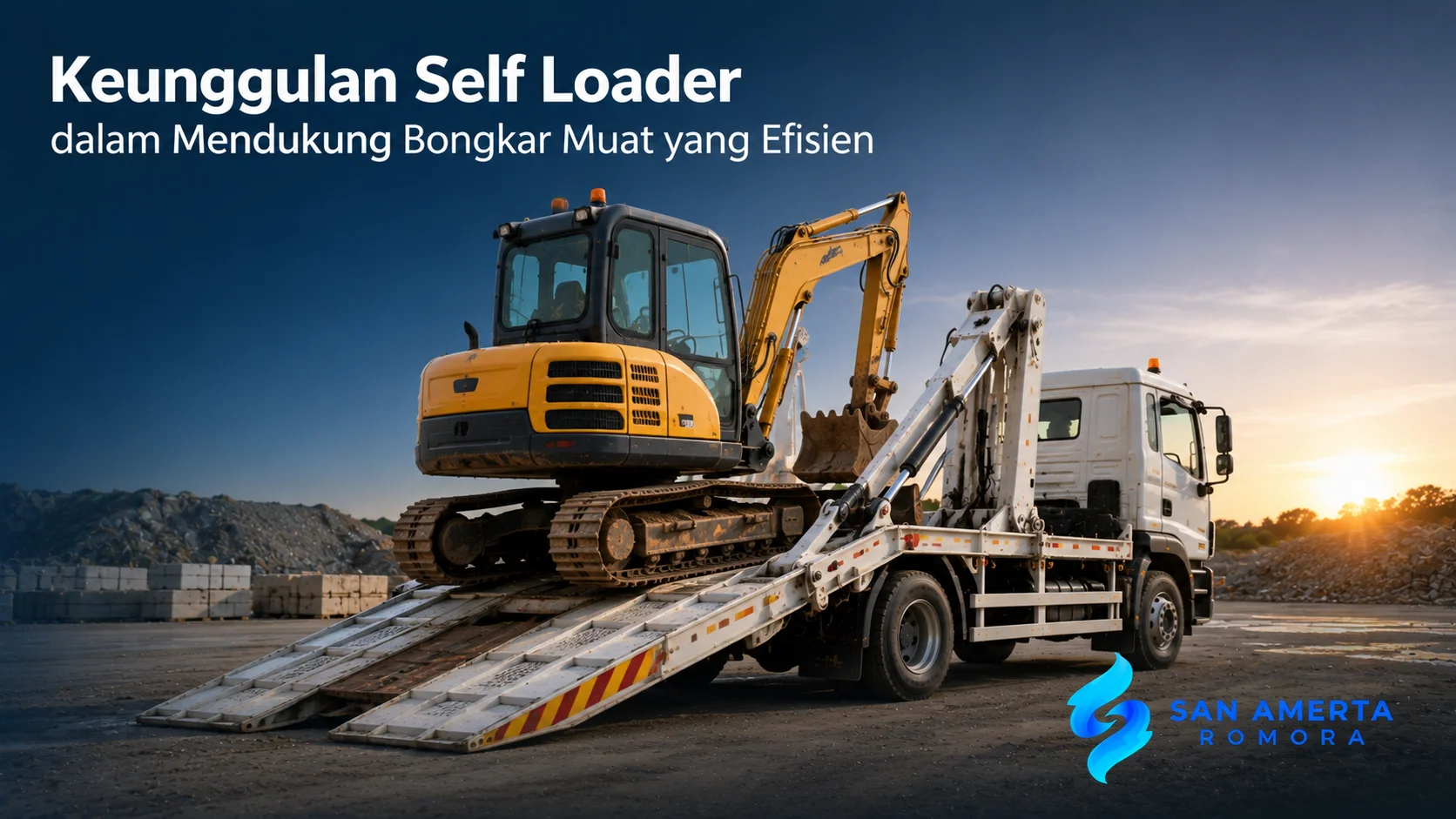 Self loader digunakan untuk proses bongkar muat alat berat secara cepat dan aman di area proyek.