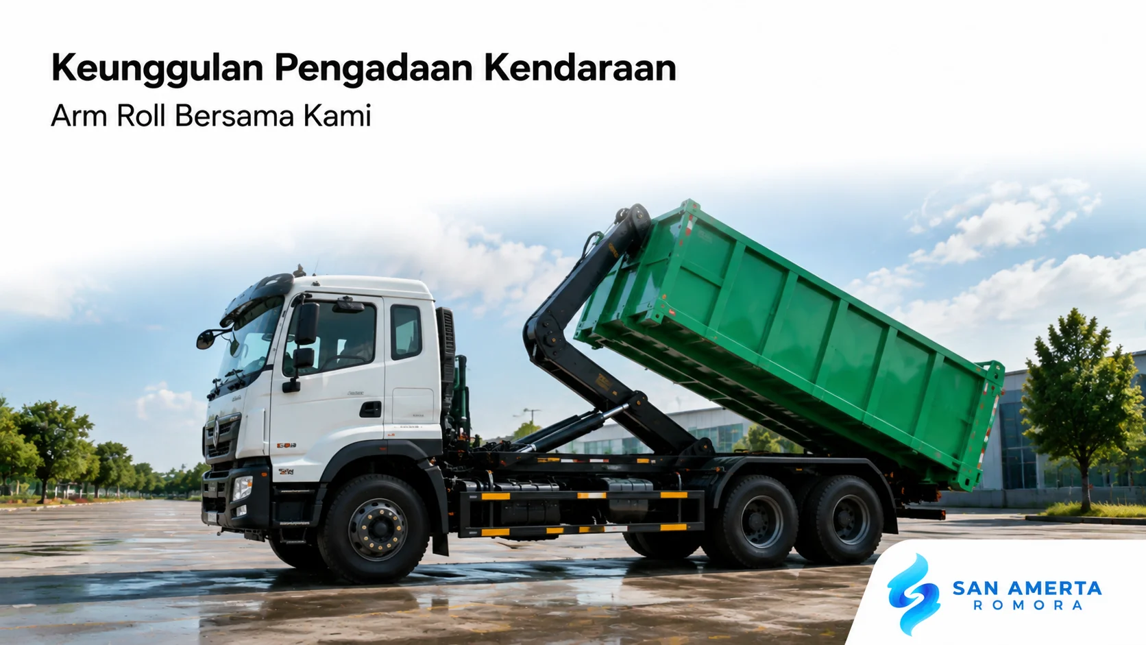 Kendaraan arm roll modern dengan sistem hook lift untuk mendukung pengadaan armada operasional.