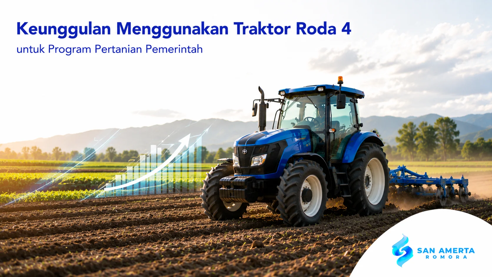 Traktor roda 4 modern digunakan di lahan pertanian untuk mendukung program pertanian pemerintah yang lebih produktif.
