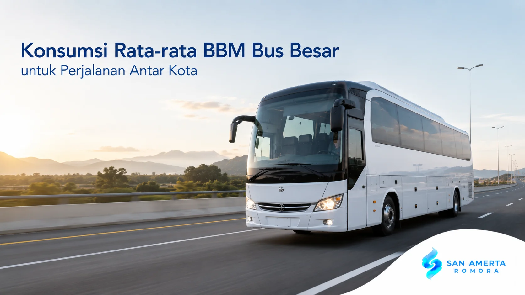 Bus besar modern melaju di jalan antar kota sebagai ilustrasi konsumsi rata-rata BBM untuk perjalanan jarak jauh.