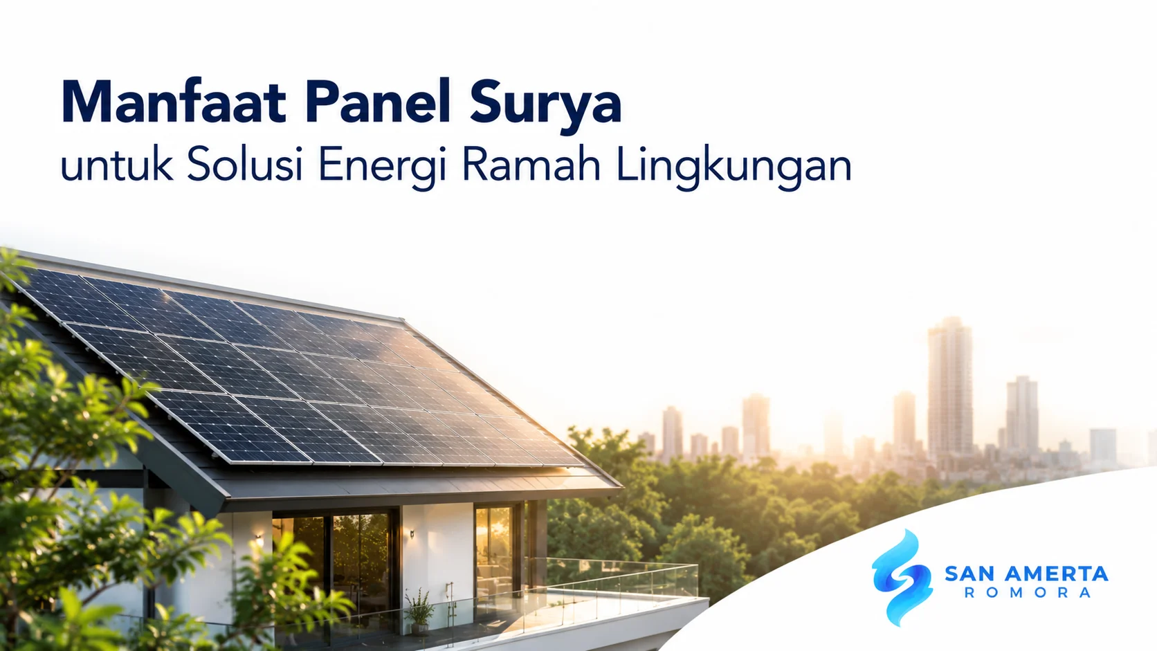 Panel surya pada atap bangunan sebagai solusi energi ramah lingkungan untuk menghasilkan listrik dari sinar matahari.