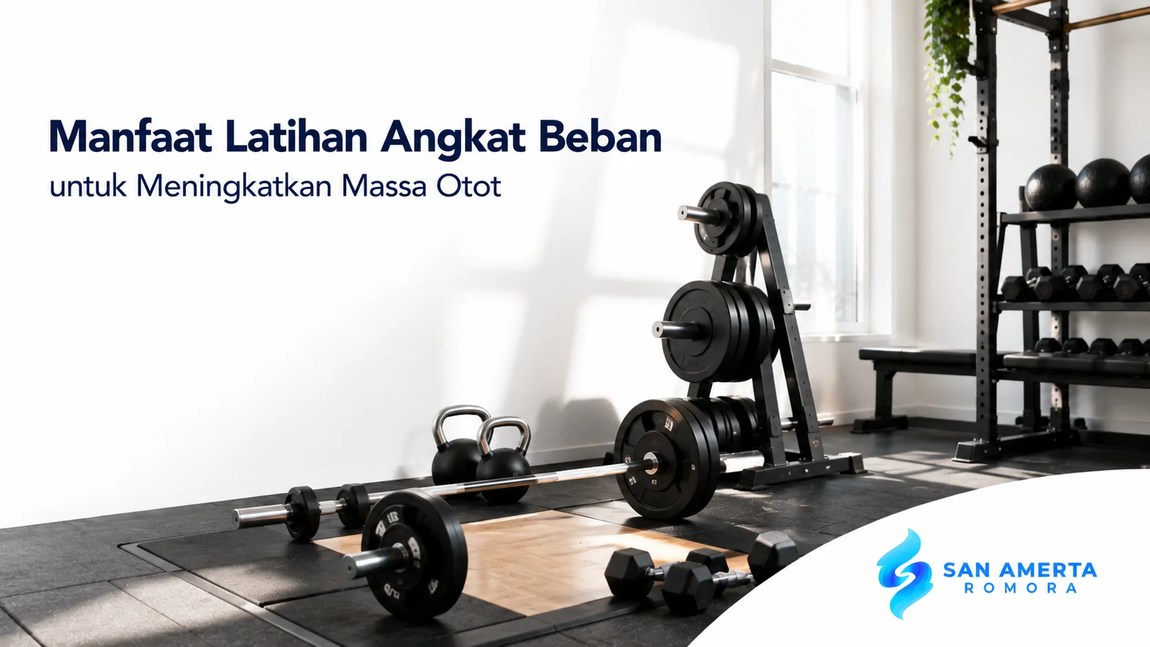 Peralatan angkat beban seperti dumbbell, barbell, dan bench press untuk mendukung peningkatan massa otot di gym modern.