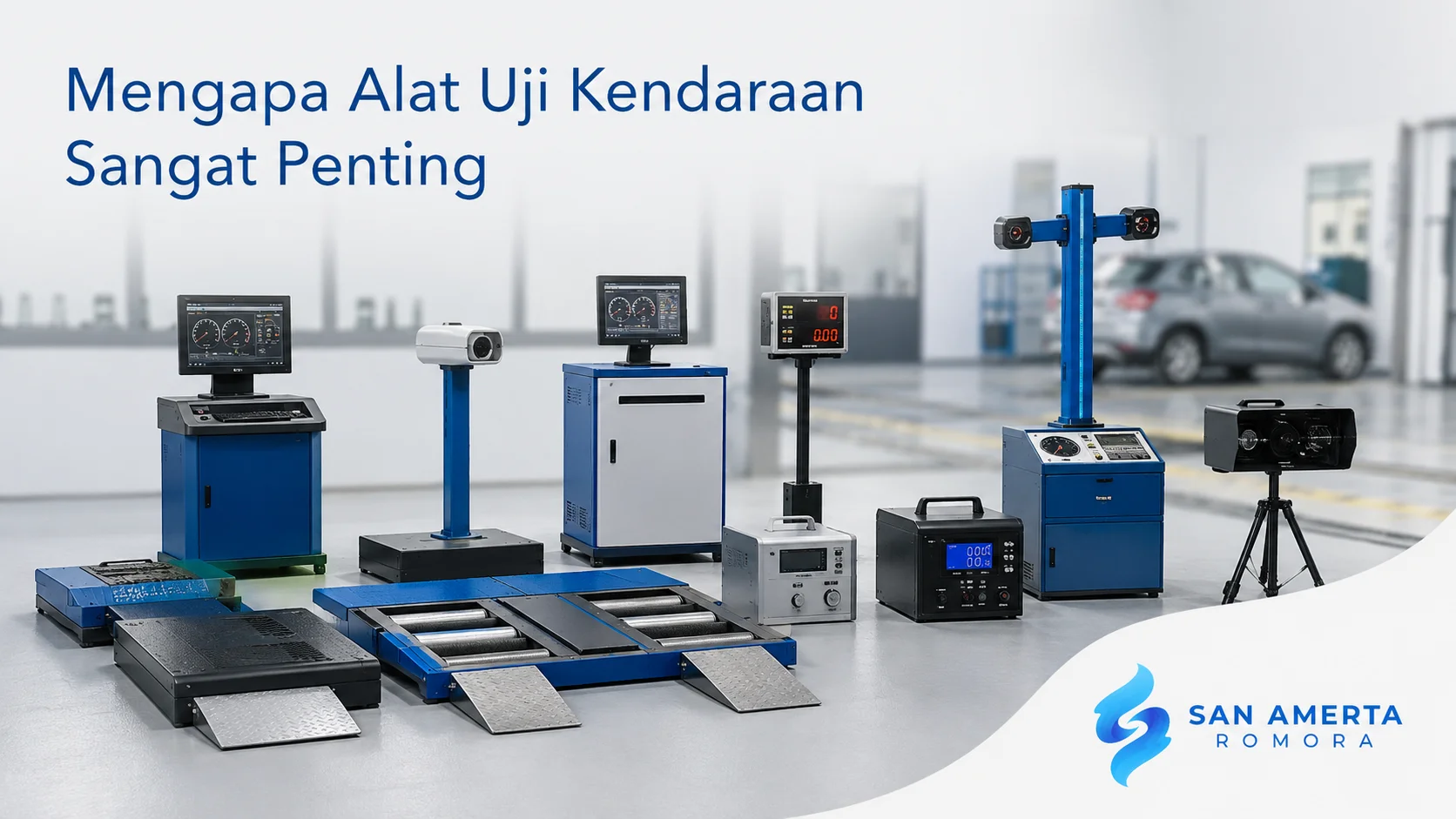 Beragam alat uji kendaraan seperti brake tester, speedometer tester, headlight tester, dan alat uji emisi ditampilkan di fasilitas pengujian modern untuk mendukung pemeriksaan kendaraan secara akurat dan efisien.