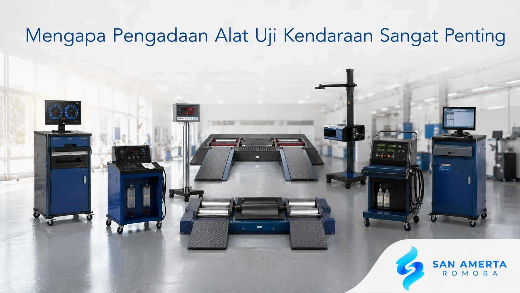 Berbagai alat uji kendaraan modern ditampilkan di fasilitas pengujian profesional dengan judul "Mengapa Pengadaan Alat Uji Kendaraan Sangat Penting" serta logo San Amerta Romora di pojok kanan bawah.